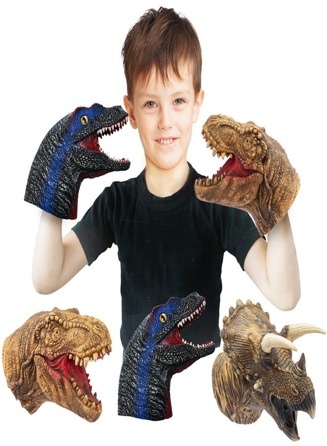 Yolococa Dinosaur Hand Puppets Realistic Latex Soft Animal Head Toys Set, Hand Puppet Toys Gift for Kids, Party Show Imaginative Play (Tyrannosaurus & Triceratops & Velociraptors) - Image 2